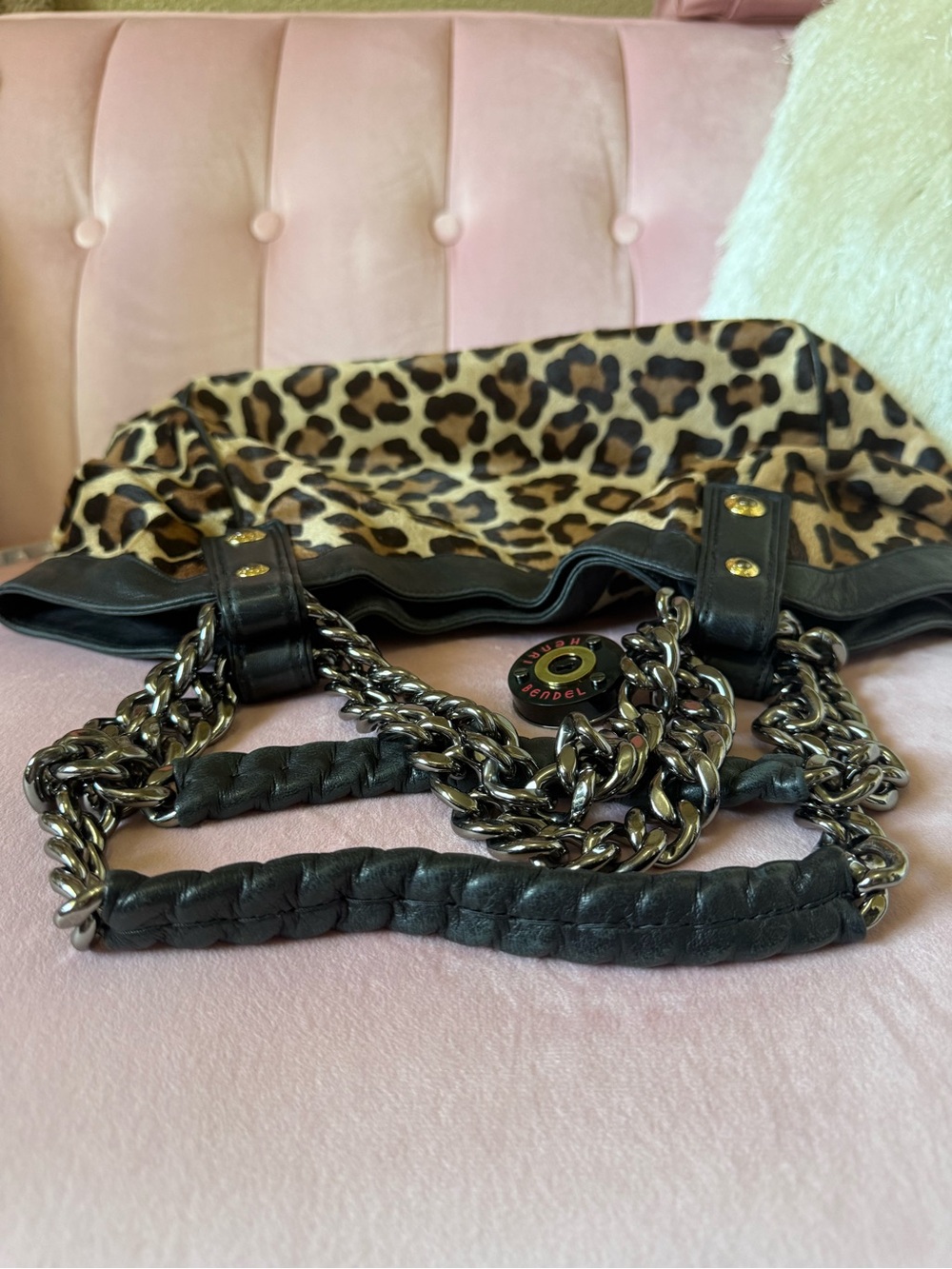 💯Auth! Henri Bendel Calf Hair Leopard Chain Handle Shoulder Bag Blk Leather Trim - Picture 6 of 16
